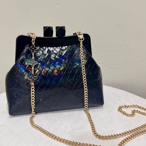 Iridescent Embossed Leather Handmade “Candy” Kisslock Acrylic Frame Clutch Bag - Picture 1 of 16